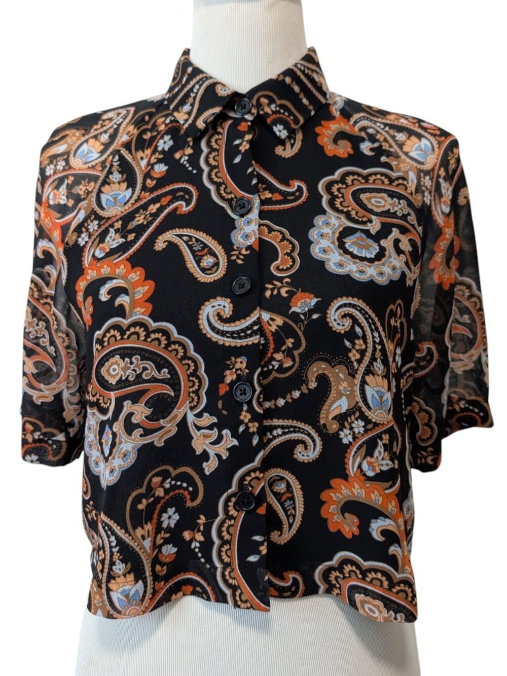 Wilfred Womens Size S Black Paisley Print Semi Sheer Button Up S/S Crop Top